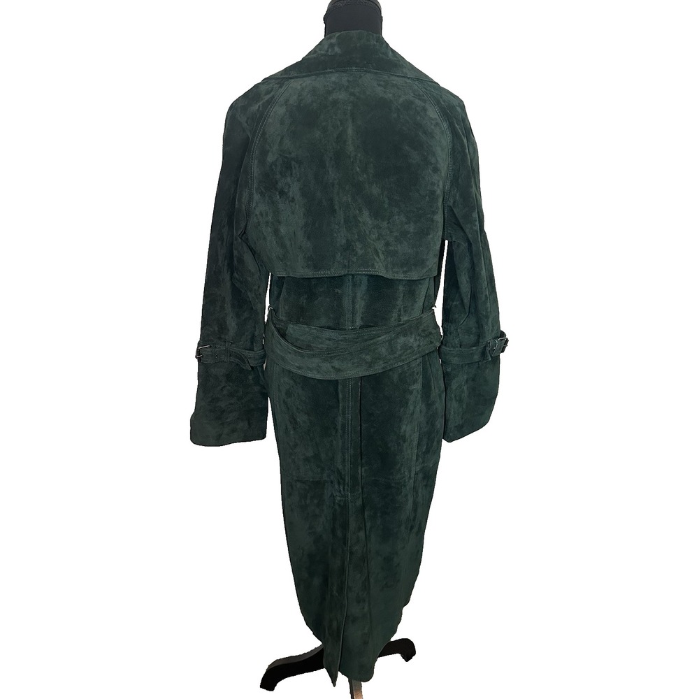 AVEC LES FILLES Foliage Green MEDIUM Genuine Suede Belted Trench Coat Luxury - Picture 4 of 16